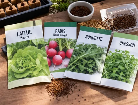 Sachets de graines de laitue beurre, radis, roquette et cresson sur une table, graines éparpillées