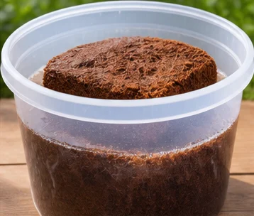 Brique de fibre de coco qui gonfle dans un seau d’eau