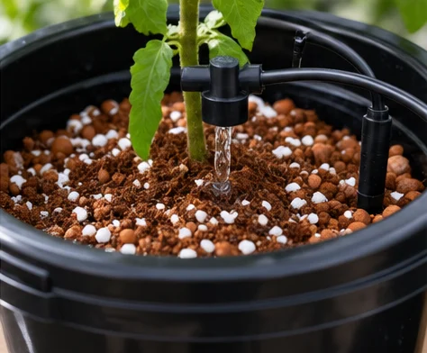 Plant de tomate dans un seau de mélange coco et perlite arrosé au goutte-à-goutte
