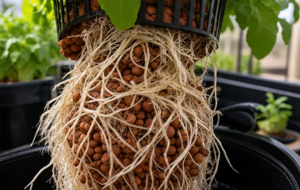 Panier soulevé en fin de culture : racines prises dans les billes d’argile
