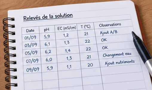 Carnet de relevés : date, pH, EC, température et observations