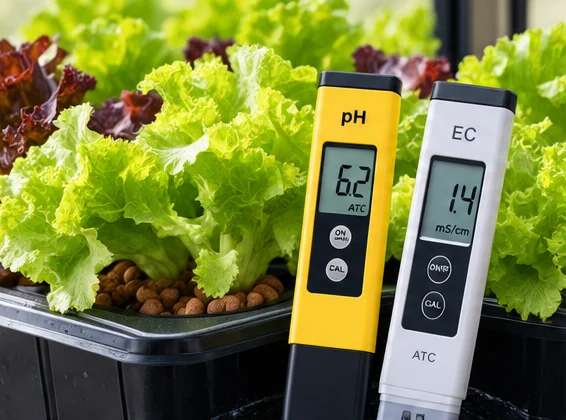 Testeur pH et testeur EC posés au bord d’un bac de salades