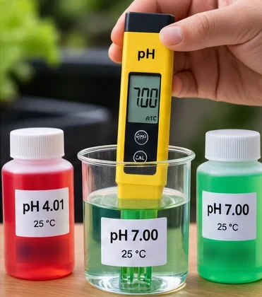 Stylo pH plongé dans un tampon pH 7, flacons pH 4 et pH 7 à côté