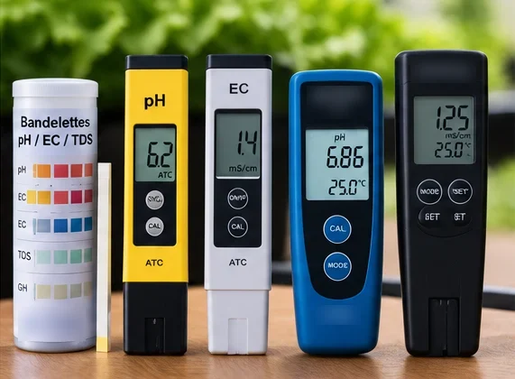 Bandelettes, stylo pH, stylo EC et deux appareils de mesure alignés sur une table