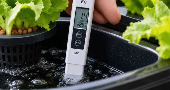 Stylo EC plongé dans le bac de culture entre les salades