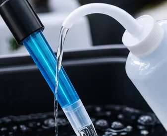 Sonde pH rincée avec une pissette d’eau déminéralisée
