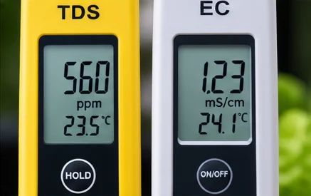 Deux testeurs côte à côte : l’un affiche 560 ppm, l’autre 1,23 mS/cm