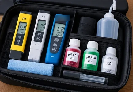 Trousse de rangement avec testeurs, tampons pH 4 et pH 7, solution de conservation, pissette et chiffon