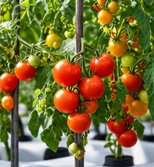 Plant de tomates cerises chargé de fruits, tuteuré