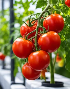 Grappe de tomates rouges sur un plant en hydroponie