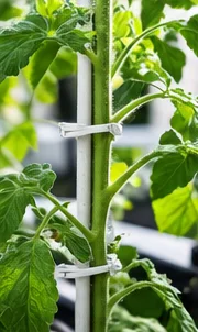 Tige de tomate maintenue par des clips sur un tuteur