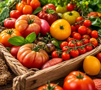 Panier de tomates variées fraîchement récoltées
