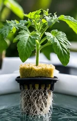 Plant de tomate dans son cube, racines sortant du panier