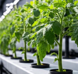 Rangée de plants de tomate dans des pots hydroponiques