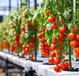 Rangs de tomates cerises chargés sous une serre lumineuse
