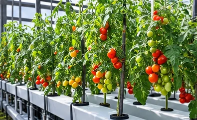 Serre de tomates en hydroponie, rangs palissés