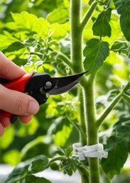 Sécateur coupant un gourmand de tomate