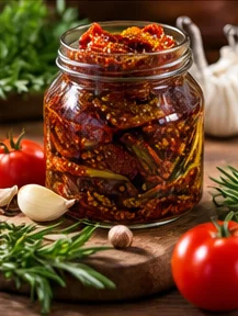Bocal de tomates séchées à l’huile et aux herbes