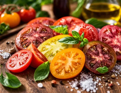 Tranches de tomates de couleurs variées au basilic et au sel
