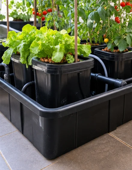 Seaux de salades et de tomates posés dans un grand bac de rétention noir