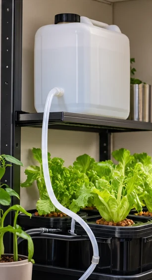 Bidon d’appoint blanc sur une étagère, tuyau descendant vers les bacs de salades