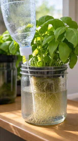 Bouteille retournée goulot dans l’eau au-dessus d’un bocal Kratky de basilic