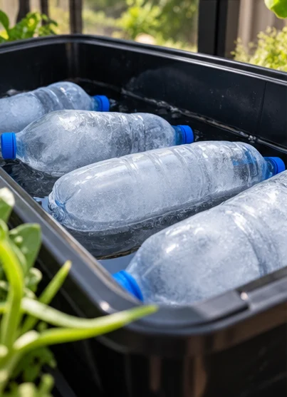 Bouteilles d’eau congelées couchées dans un bac de culture en été