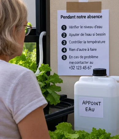 Voisine lisant une fiche de consignes scotchée près du potager, bidon étiqueté appoint eau à côté