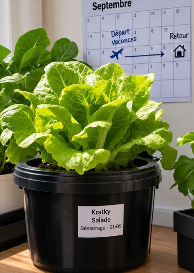Grosse salade dans un seau Kratky étiqueté, calendrier avec départ et retour de vacances au mur