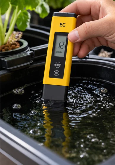 Testeur EC jaune plongé dans la solution d’un bac au retour