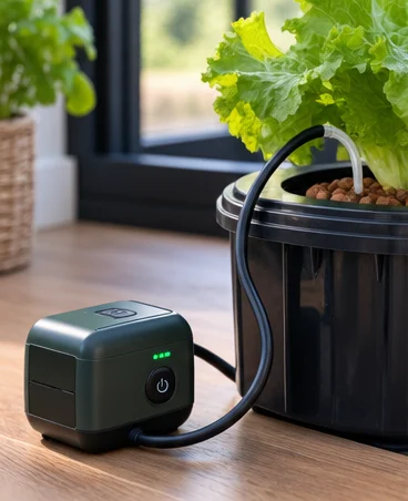 Petite pompe à air sur batterie reliée à un seau de culture