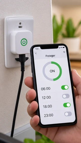 Prise connectée et application sur téléphone montrant les plages de fonctionnement