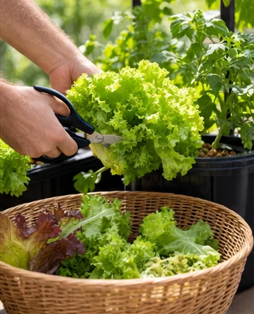 Récolte aux ciseaux de salades la veille du départ, panier plein