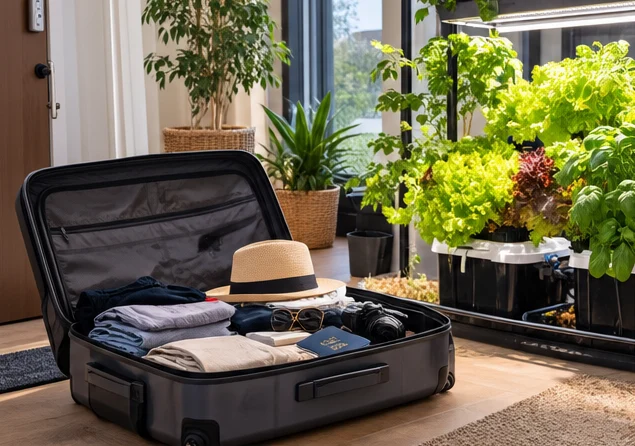 Valise ouverte dans une entrée, devant un potager hydroponique bien vert près d’une fenêtre